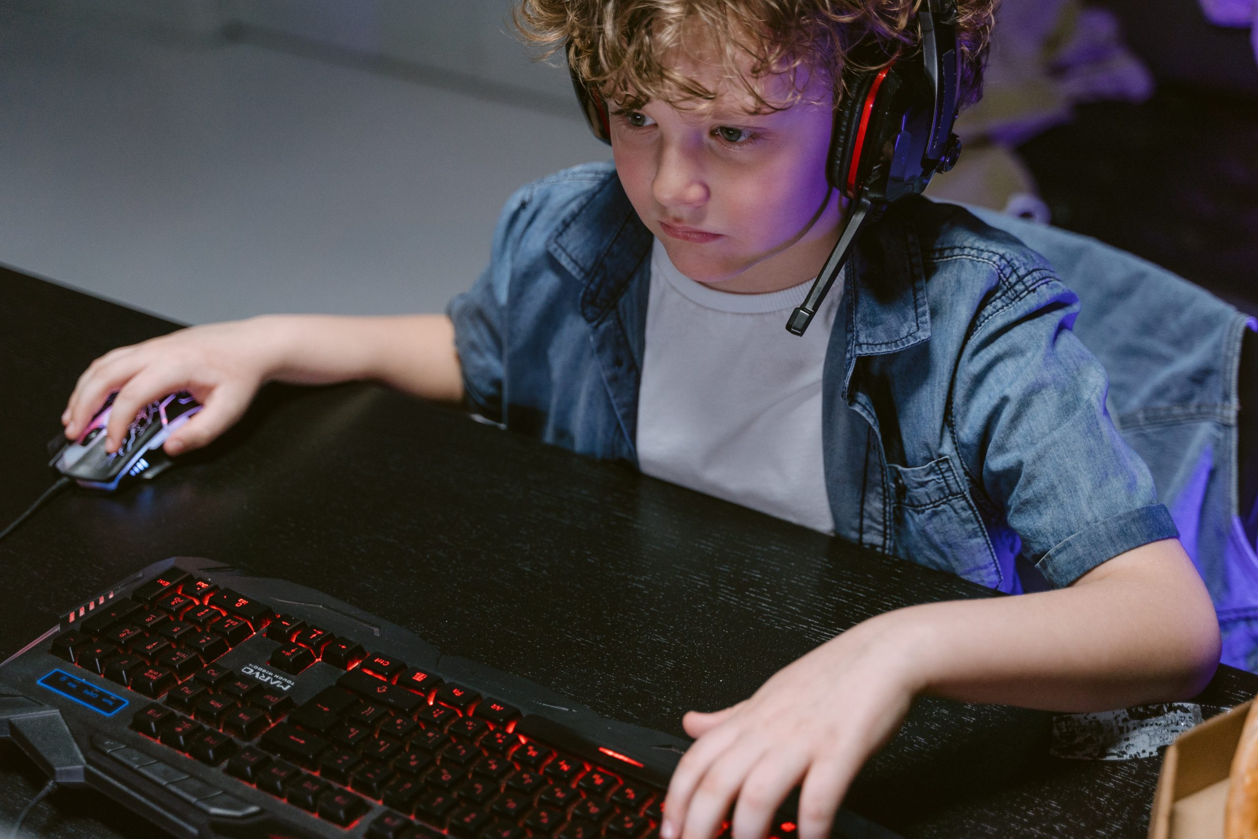 Young boy with a mouse and keyboard looking at a computer. 